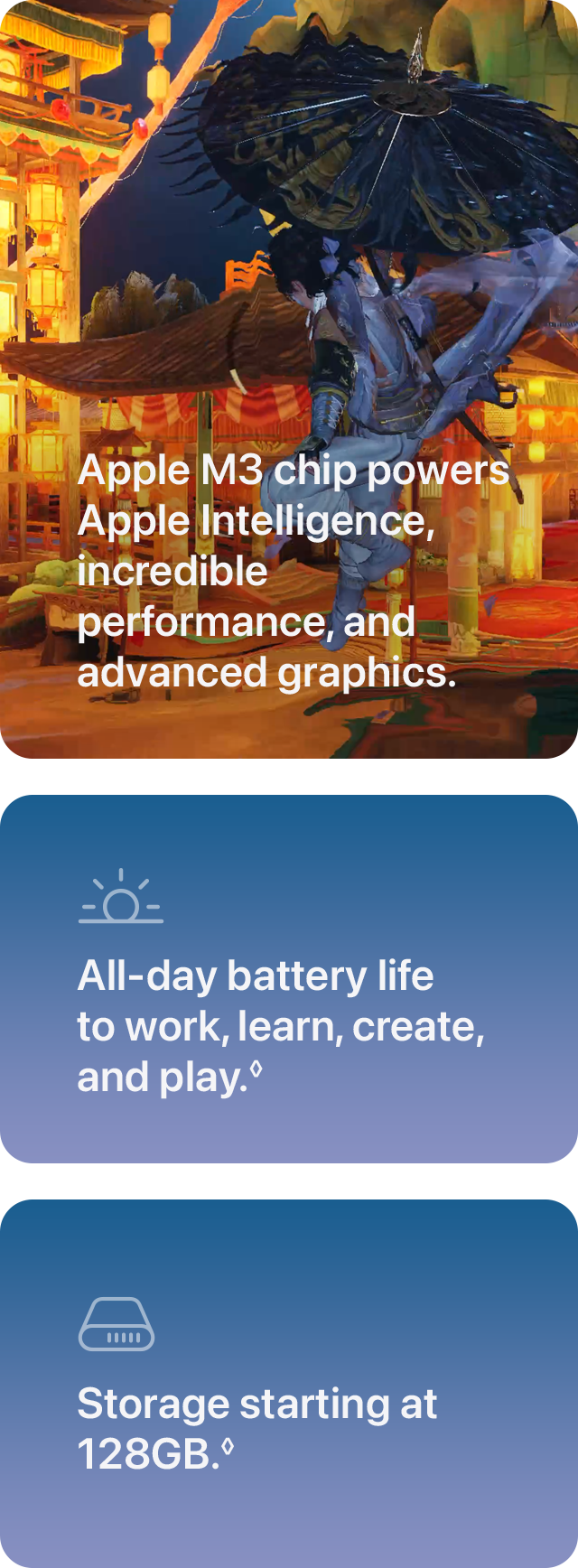 Apple M3 chip powers Apple Intelligence, incredible performance, and advanced graphics.
