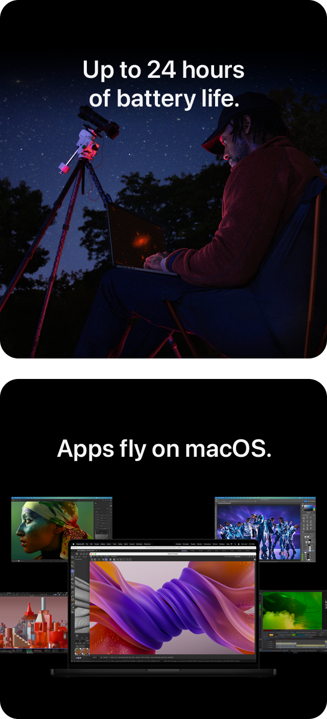 Up to 24 hours of battery life. Apps fly on macOS.